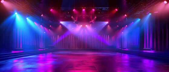 An empty stage awaiting performers, highlighted by dramatic blue and pink spotlights and a reflective floor.