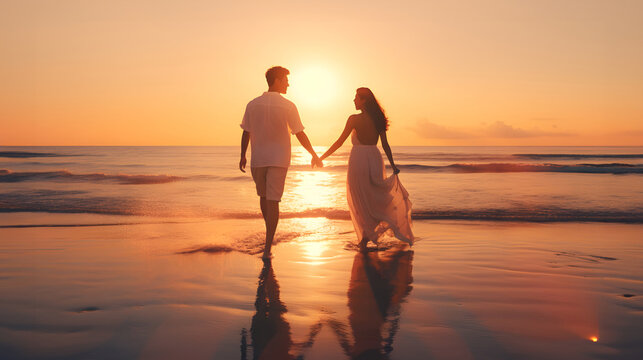 Asian couple enjoying a romantic walk on the beach at sunset: A moment of love and happiness