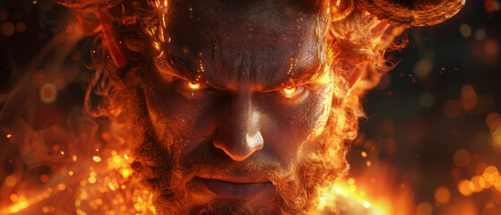 An intense close-up of a fiery figure with glowing eyes exuding a powerful and mystical aura.