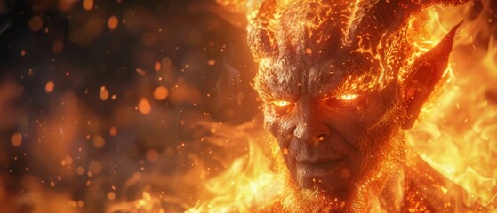 A fiery visage glowers with intense eyes amidst a blaze, evoking a sense of ancient power and wrath.