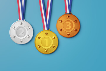 Fototapeta premium Gold, silver and bronze medals with a classic red, white and blue ribbon on light blue background. Illustration of the concept of competition, sports, winners, recognition and prizes