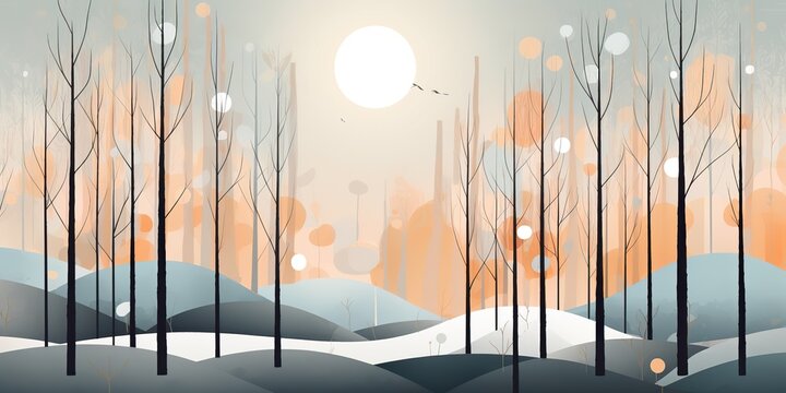 AI Generated. AI Generative. Minimalistic flat drawing painting watercolor graphic art forest trees. Nature outdoor scandinavian landscape decoration background. Graphic Art