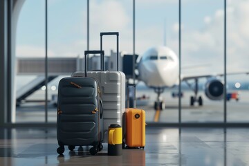 Travel essentials, suitcases, backpacks, and adventure await at the airport terminal window with Blurred airplane background. Travel concept.