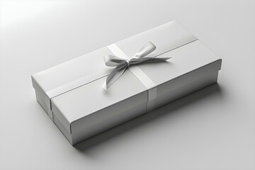 Minimalist White Gift Box Mockup with Silver Bow on White Background. Concept White Gift Box, Mockup, Silver Bow, Minimalist Design, White Background