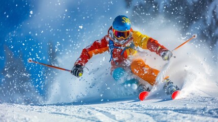 A skier in vibrant attire making a sharp turn on a snowy slope with snow particles flying around, capturing a sense of motion and adventure. - obrazy, fototapety, plakaty