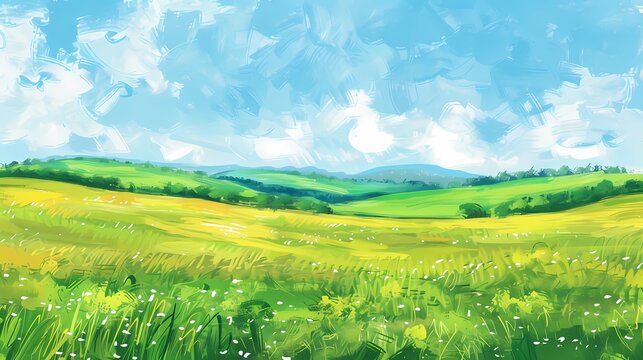 Spring green rural fields flat illustration poster background