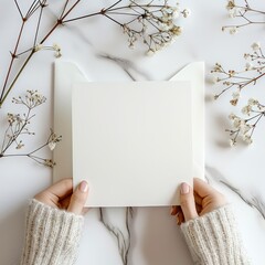 A person holding a blank greeting card mockup with a marble background and baby's breath flowers.