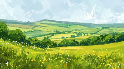 Spring green rural fields flat illustration poster background - obrazy, fototapety, plakaty