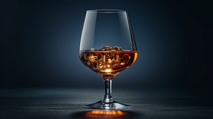 A cognac glass rests on a wooden table, surrounded by barware and stemware - obrazy, fototapety, plakaty