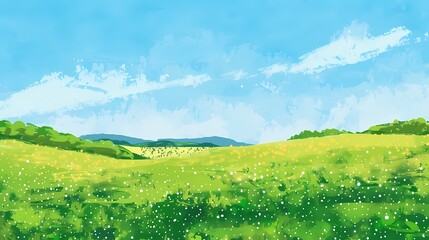 Spring green rural fields flat illustration poster background