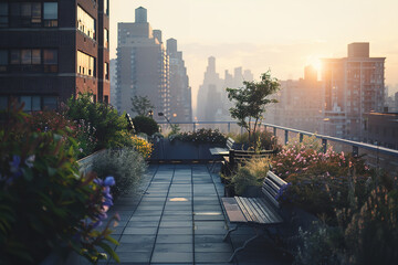 serene rooftop garden at dusk, offering a cool retreat from the day's heat with panoramic city views