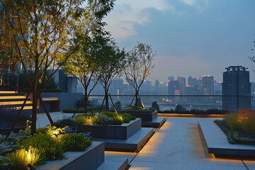 A rooftop garden becomes a serene retreat at dusk - the day's heat fading into cool tranquility...