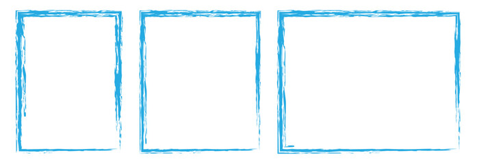 Set of blue brush painted ink stamp frames with place for your design element. Grunge photo frames and borders with vector edges, distressed black paint brush strokes. Rectangular frame borders.