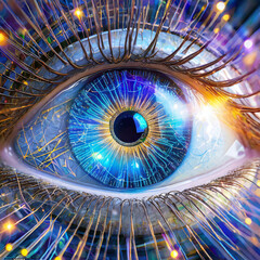 A bionic eye with a glowing blue iris, interlaced metallic filaments, and a digital circuitry pattern, symbolizing a portal to digital dimensions. Generative Ai