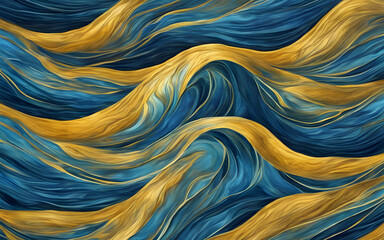 Sea waves pattern abstract background, blue and gold waves texture, imitation of watercolor painting
