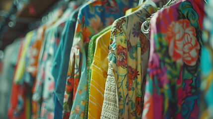 Close up of colorful clothes in second hand clothing shop, 