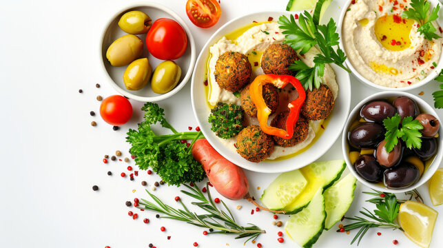 Vegetarian Dish In Mediterranean Style With Falafel, Hummus, Olives And Fresh Vegetables, Representing Healthy Food, Isolated On White Background.