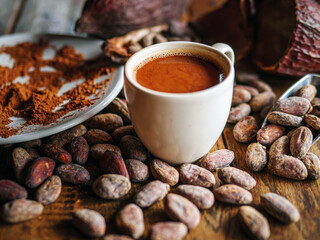 Hot chocolate drink,cocoa drink and natural cocoa powder with brown cocoa beans and dry cacao pod ...