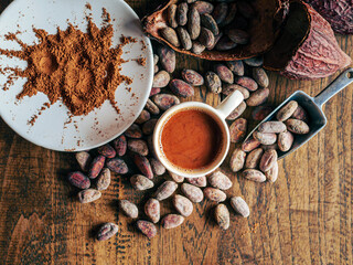 Top view of hot chocolate drink,cocoa drink and natural cocoa powder with brown cocoa beans and dry cacao pod  on a vintage wooden table.