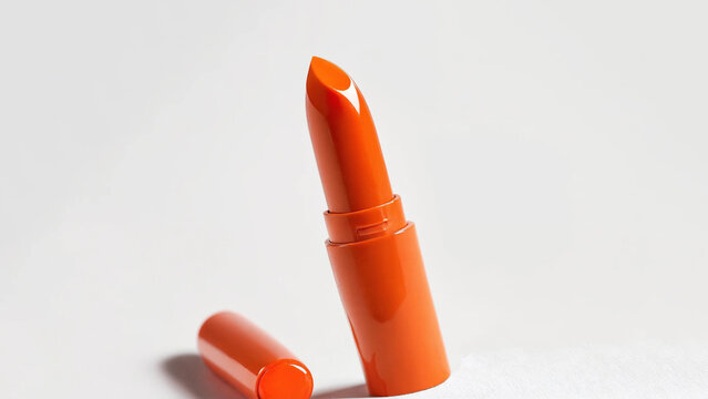 An peach fuzz color lipstick in a orange case on a white background, orange lipstick isolated, makeup, cosmetic, copy space