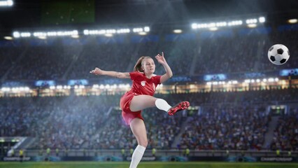 Aesthetic Super Slow Motion Shot Of Female Soccer Football Player Jumping And Kicking A Ball on Stadium WIth Crowd Cheering. Winning Goal on International Championship Match on Arena Full Of Fans.