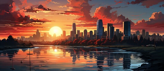 Cityscape. Sunset over the lake