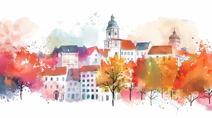 Watercolor city and trees illustration poster background