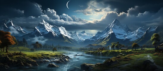 landscape with fantasy castle and high mountains - obrazy, fototapety, plakaty