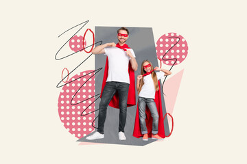 Collage portrait of cheerful funky father daughter superhero costume isolated on creative drawing...