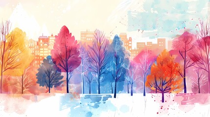 Watercolor city and trees illustration poster background - obrazy, fototapety, plakaty