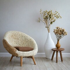 Proste, minimalistyczne wnętrze eko z fotelem tapicerowanym buklą lub tkaniną wełnianą o grubym splocie