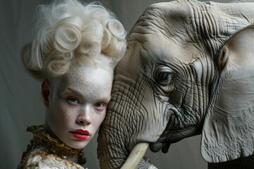 Blonde woman with white makeup posing next to a large white elephant in natural setting