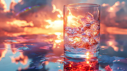A glass of water with ice cubes in it is sitting on a table. The water is reflecting the sky and the sun, creating a serene and peaceful atmosphere