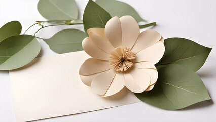 3d paper flowers beige on a white background. a postcard, a text space. for the banner