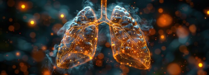 Lungs made of glowing particles on a dark blue background. - obrazy, fototapety, plakaty