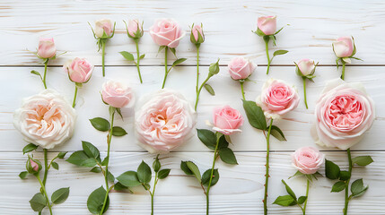 Abstract floral background. Blush pink roses on white wooden table. Various creamy pink roses flowers and buds layout on white background with copy space. Top view, flat lay - obrazy, fototapety, plakaty