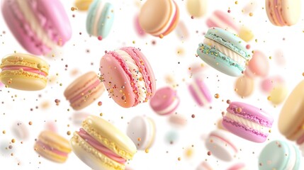 Many macarons flying through the air, in the pixel art style, on a white background