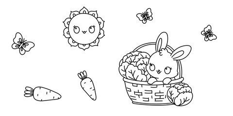 Kawaii line art coloring page for kids. Kindergarten or preschool coloring activity. Cute bunny sitting in a basket with cabbage. Kawaii rabbit vector illustration - 782103611