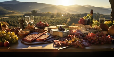 AI Generated. AI Generative. Wine twooden able with many different food meals at sunset light nature outdoor landscape background. Graphic Art - obrazy, fototapety, plakaty