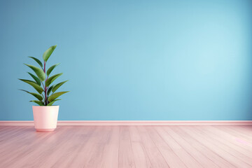 Delicate blue matte paint on the wall and wooden floor. Simple wall and floor background with potted plants, mockup