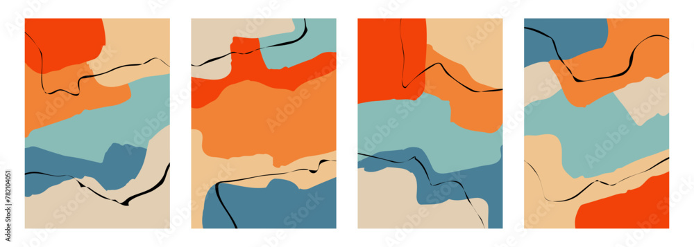 Leinwandbilder set of abstract backgrounds with various hand drawn dynamic shapes and black curved lines for creati