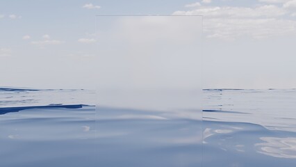 3D Rectangular Frosted Transparent Glass in a body of water. Frosted glass shape half submerged in sea under blue cloudy sky. Flat mirror in the center of the sea.