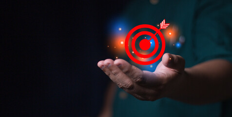 businessman holding target icon Business Growth and Vision, target Plans and Business Strategies...
