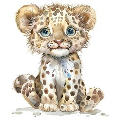 Fototapeta premium Watercolour Animal Clipart Cute Baby leopard Siting on white background