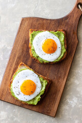 Toast with guacamole and eggs. Healthy eating. Breakfast.