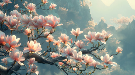 Blooming magnolia tree on mountain peak in rays of sunlight. Delicate blossom and fragrance of...