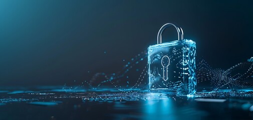 Convey the essence of cyber security technology with an image featuring a digital padlock representing data encryption and network protection, displayed against a deep blue backdrop, highlighting