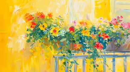 Watercolor autumn flowers balcony oil painting illustration poster background