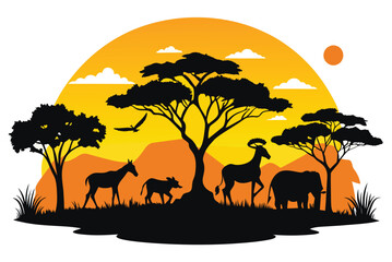 African landscape. wild animals in the wild. sunset or sunrise.