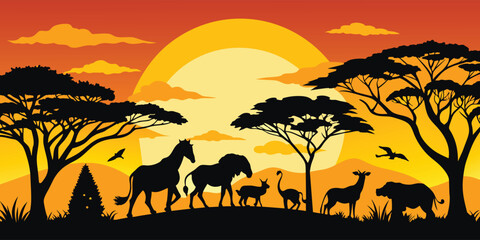 African landscape. wild animals in the wild. sunset or sunrise.